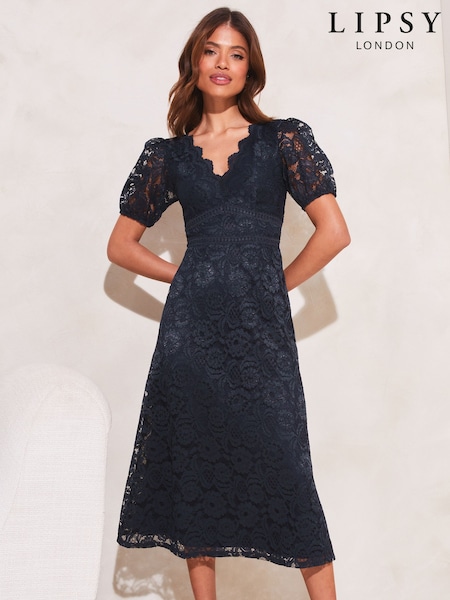 Lipsy Navy Blue Lace Prom Scallop V Neck Puff Sleeve Midi Dress (Q36036) | €32