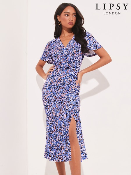 Lipsy Blue Animal Jersey Print Flutter Sleeve Ruched Wrap Midi Dress (Q36037) | €18
