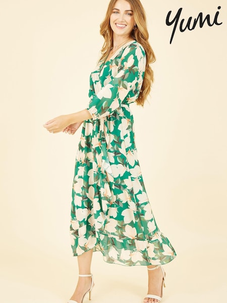 Yumi Green Multi Blossom Wrap Midi Dress With 3/4 Sleeves (Q36687) | €50