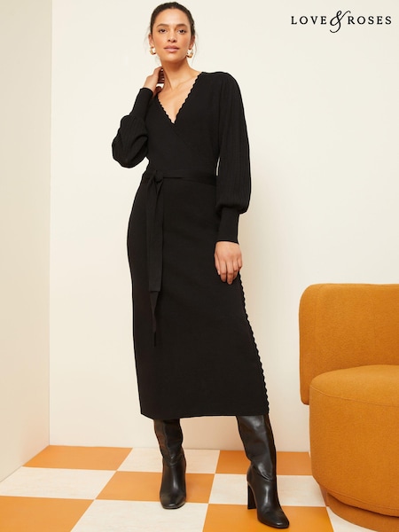 Love & Roses Black Knitted Scallop Wrap Over Jumper Dress (Q36843) | €18.50