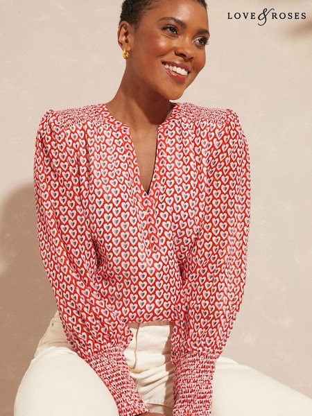 Rot mit Herzen - Love & Roses Chiffon V-Ausschnitt Langarm über den Kopf Bluse (Q36845) | 24 €