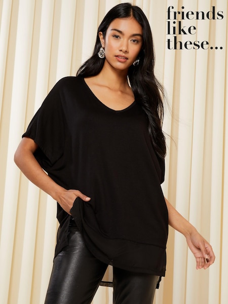 Friends Like These Black Short Sleeve Chiffon Hem V Neck Tunic Top (Q36966) | €15