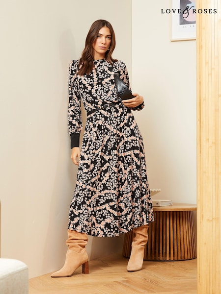Love & Roses High Neck Jersey Pleated Midi Jersey Dress (Q37609) | 196 LEI