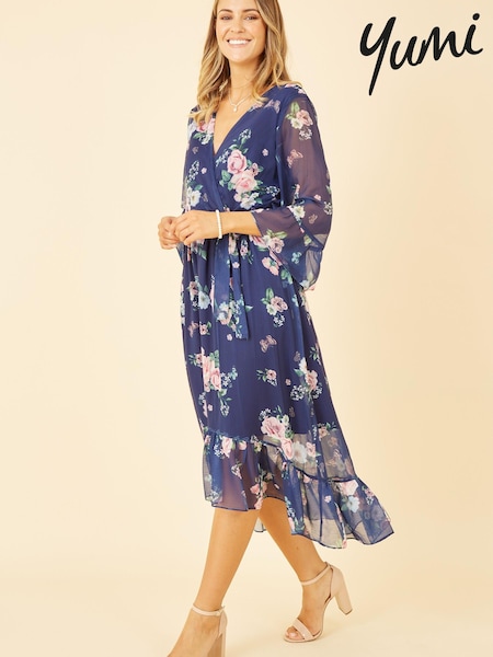 Yumi Blue Multi Floral Wrap Dress With Dipped Hem (Q38216) | €52