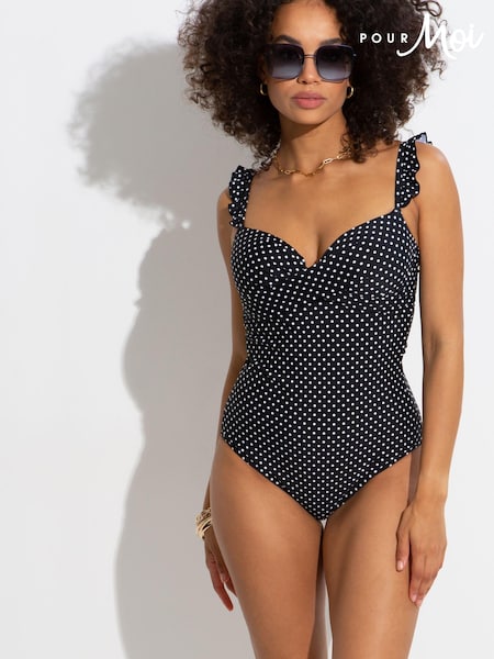 Pour Moi Black and White Sicily Lightly Padded Underwired Frill Swimsuit (Q38346) | €27