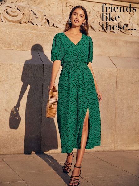 Grün - Friends Like These Puff Sleeve Ruched Waist V Neck Midi Dress (Q38420) | 30 €