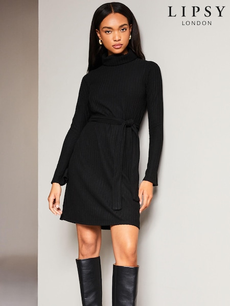 Черный - Lipsy Roll Neck Belted Shift Cosy Jumper Dress (Q38536) | €10