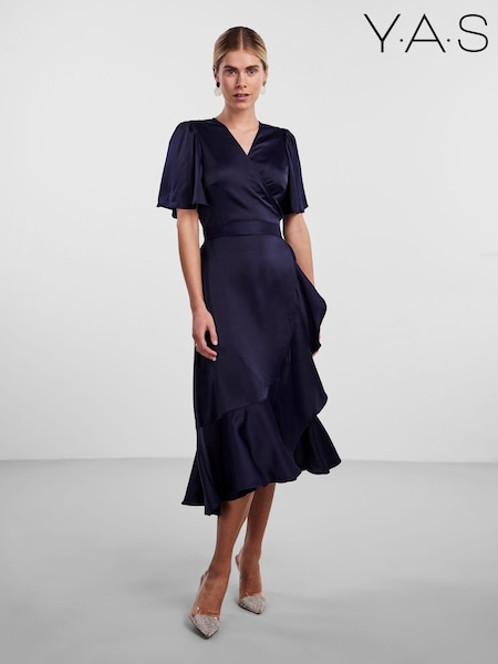Y.A.S Navy Satin Short Sleeve Wrap & Ruffle Midi Occasion Dress (Q38728) | €24