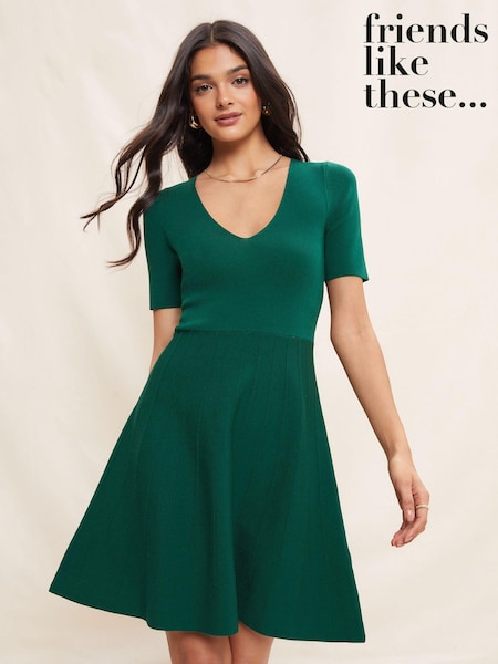 Зеленый - Friends Like These Short Sleeve Scoop Neck Knitted Fit and Flare Dress (Q38793) | €27
