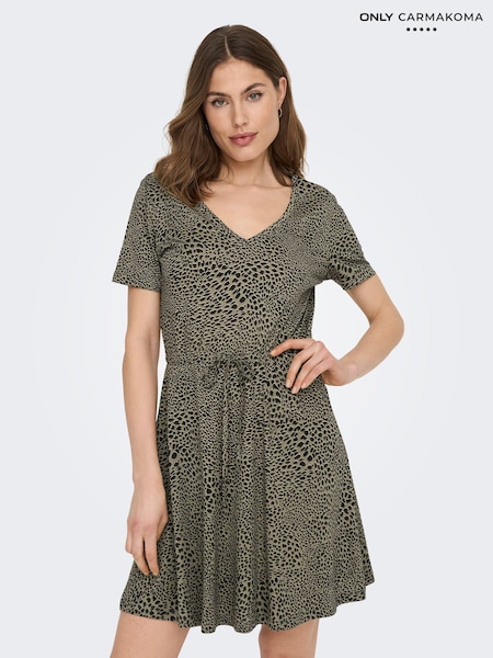 ONLY Curve Khaki Leopard Print V Neck Jersey T-Shirt Dress (Q39215) | €9
