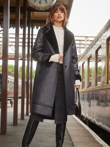 Love & Roses Bonded Faux Fur Double Breasted Shearling Long Line Coat (Q39439) | 351 LEI