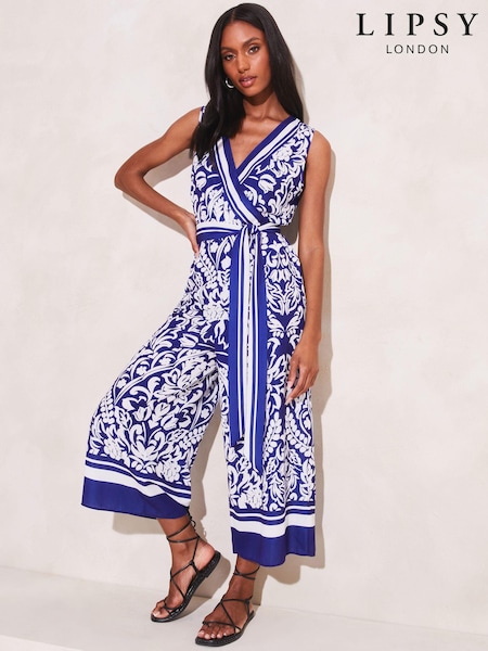 Lipsy Blue Printed Wrap Belted Culotte Wide Leg Jumpsuit (Q39446) | €23
