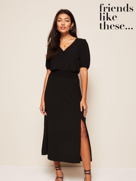 Черный - Friends Like These Puff Sleeve Ruched Waist V Neck Midi Dress (Q39584) | €25