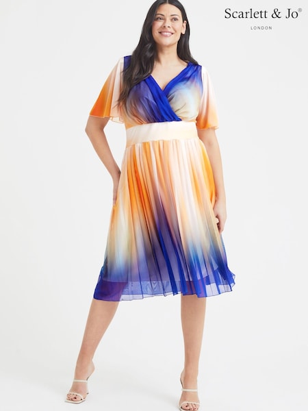 Пурпурный и оранжевый с разноцветным принтом - Scarlett & Jo Cleo Geometric Print Knife Pleated Skirt Midi Dress (Q39730) | €29