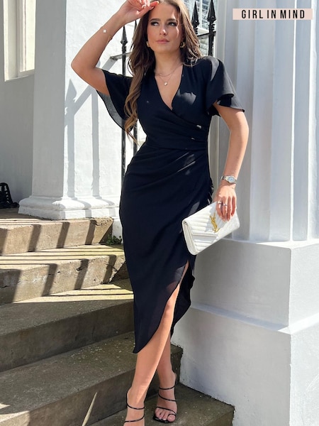 Girl In Mind Black Petite Natasha Angel Sleeve Wrap Midi Dress (Q40410) | €13