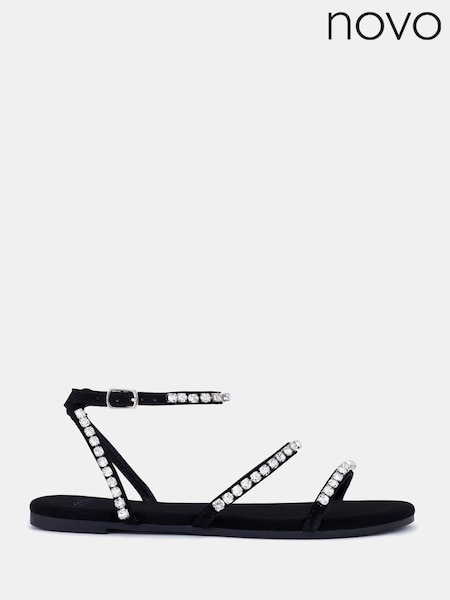 Novo Black Tamar Embelished Diamante Strappy Flat Sandal (Q40526) | €17