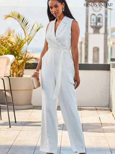 Sosandar Cream Wide Leg Halterneck Tailored Jumpsuit (Q40674) | €60