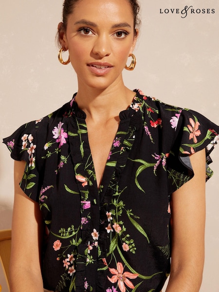črna - Love & Roses Ruffle Button Up V Neck Blouse (Q40744) | € 14