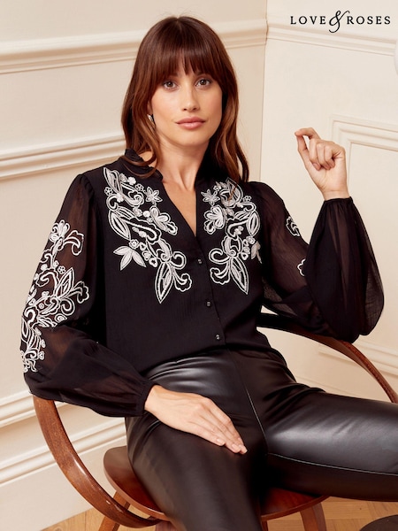 Love & Roses Black Ruffle Neck Long Sleeve Embroidered Blouse (Q40914) | €23