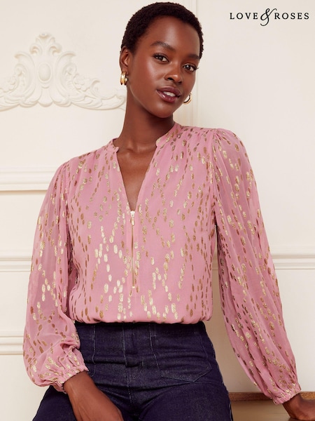 Roz și Auriu - Love & Roses Zip Front Mix Sheer Long Sleeve Blouse (Q41282) | 283 LEI