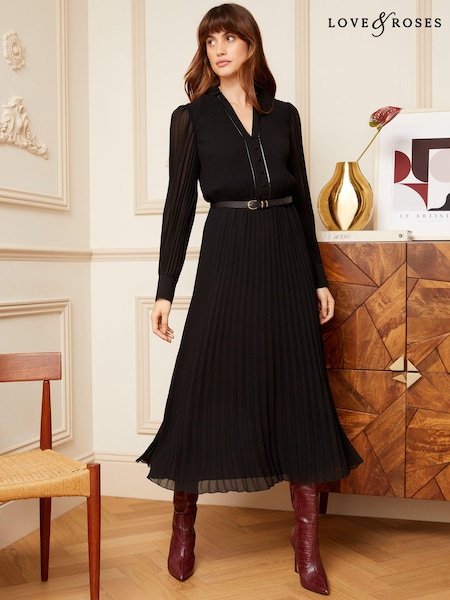 Love & Roses Black PU Trim Pleated Belted Midi Dress (Q41638) | €50