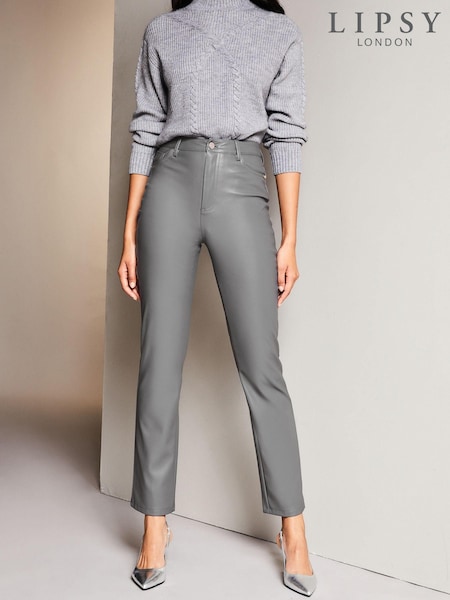 Lipsy Grey Faux Leather High Waist Straight Leg Jeans (Q41659) | €13