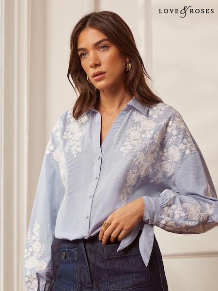 Albastru Dungă broderie - Cămașă cu manșete cu șnur Love & Roses Cu nasturi Guler în V (Q41680) | 158 LEI