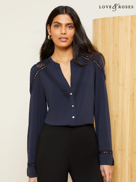 Темно-синий - Love & Roses Jersey Lace Trim V Neck Button Through Shirt (Q41681) | €12