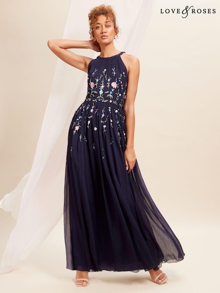 Love & Roses Embellished Chiffon Halter Maxi Dress (Q41694) | 465 LEI
