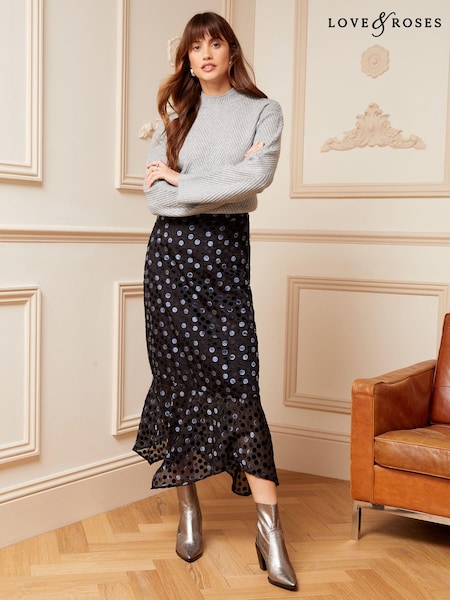 Love & Roses Flocked Devore Hanky Hem Velvet Midi Skirt (Q42070) | €12