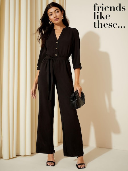 Черный - Friends Like These 3/4 Sleeve Belted Woven Wide Leg Jumpsuit (Q42343) | €10