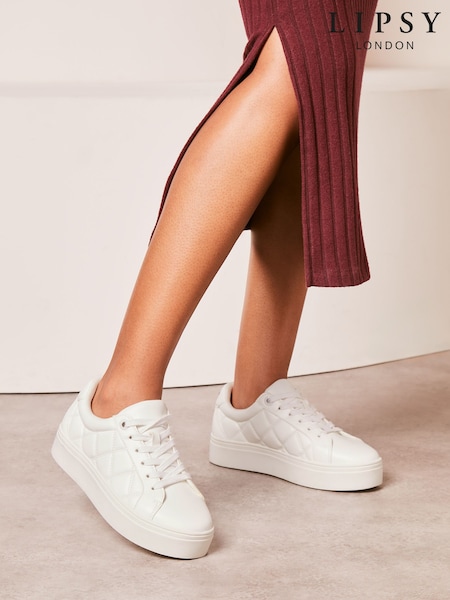 Lipsy White Wide Fit Chunky Quilted Lace Up Flatform Trainer (Q42714) | €24