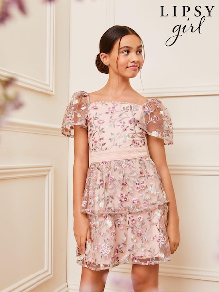 Lipsy Embroidered Square Neck Occasion Dress (3-16yrs) (Q42729) | 298 LEI - 337 LEI