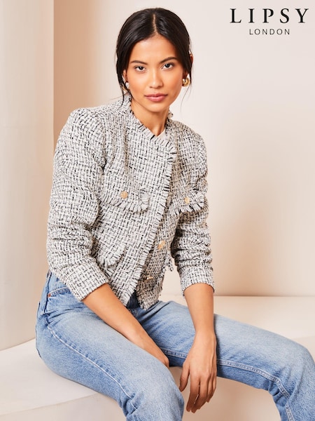 Lipsy Black Black/White Cropped Tailored Button Through Pocket Blazer Jacket (Q42774) | €41