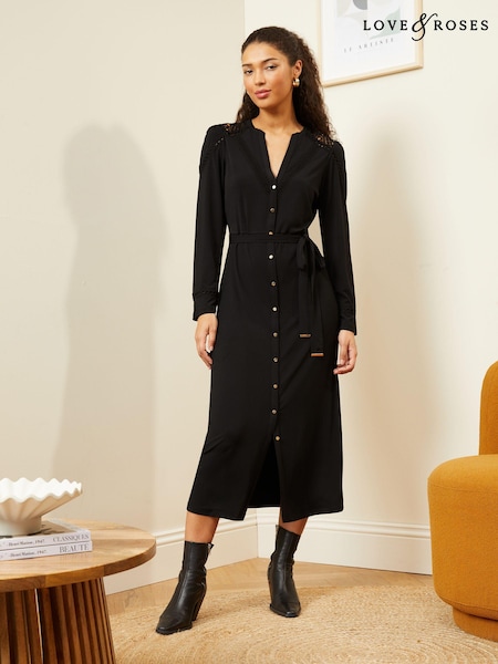 Love & Roses Button Through Belted Lace Insert Jersey Midi Dress (Q42919) | 178 LEI