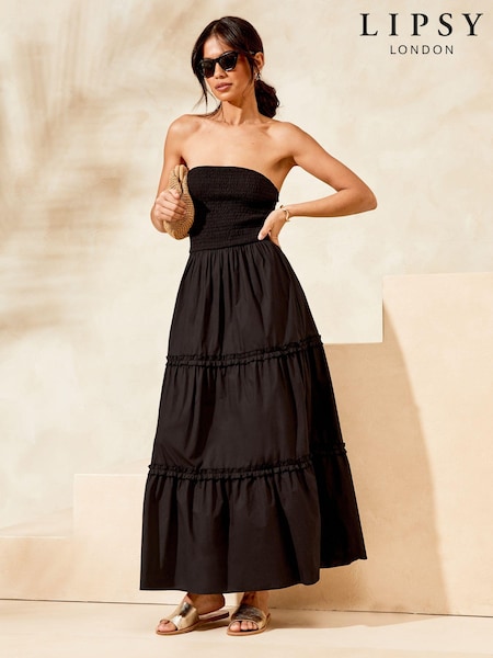 Lipsy Black Shirred Bandeau Strapless Hybrid Summer Maxi Dress (Q43031) | €13