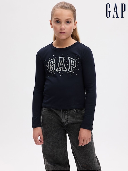 Gap Blue Rhinestone Logo Organic Cotton Crew Neck Long Sleeve T-Shirt (4-13yrs) (Q43269) | €7