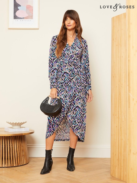Love & Roses Purple Print Wrap Long Sleeve Jersey Midi Dress (Q43331) | 61 QAR