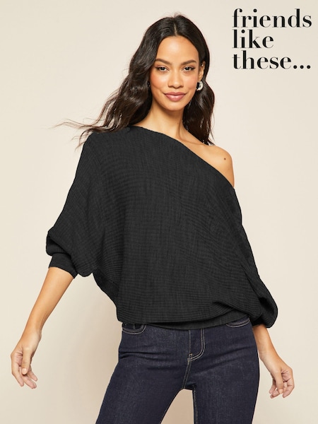 Friends Like These Black Petite Batwing Knitted Off The Shoulder Jumper (Q43488) | AED102