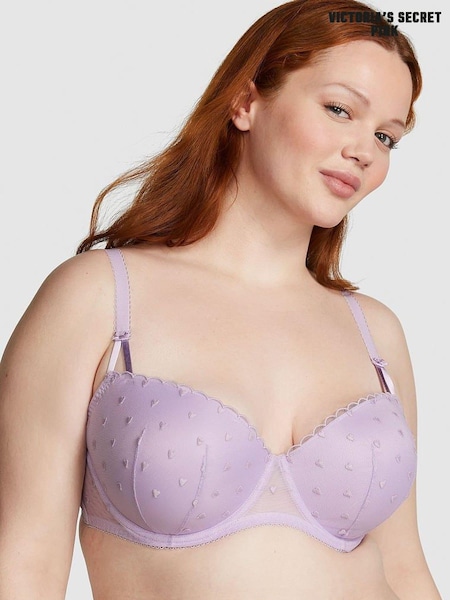 Victoria's Secret PINK Pastel Lilac Purple Heart Embroidery Balcony Lace Bra (Q43523) | €15.50