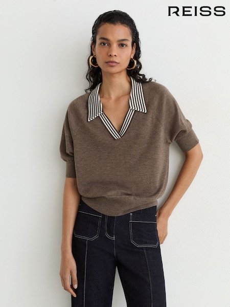 Taupe Brown - Reiss Neva Wool Open-collar Short-sleeve Polo Shirt