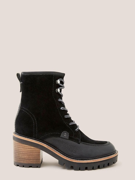 White Stuff Mid Heel Suede Lace-Up Black Boots (Q43711) | €70