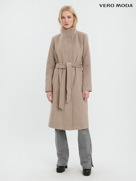 VERO MODA Brown Funnel Neck Belted Coat With Wool Mix (Q43846) | €42