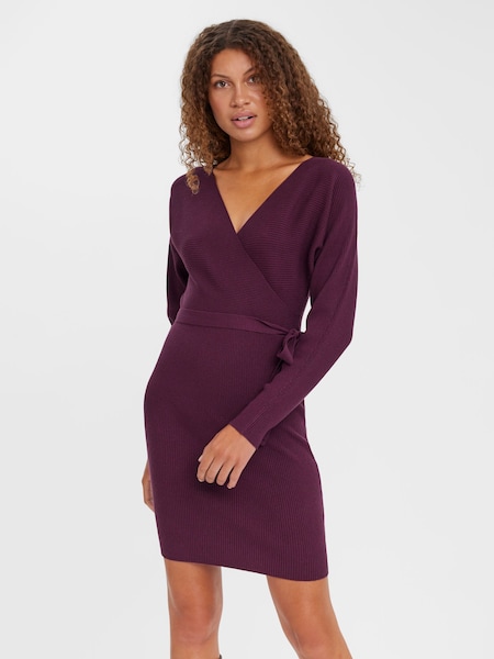 VERO MODA Burgundy V-Neck Wrap Belted Knitted Dress (Q43852) | €28