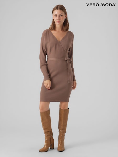 VERO MODA Brown V-Neck Wrap Belted Knitted Jumper Dress (Q43857) | €22