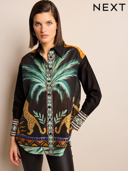 Black Animal Placement Print Sheer Long Sleeve Oversized Shirt (Q44420) | €14