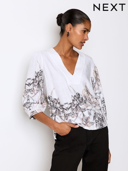 White/Black Floral Placement Linen Blend V-Neck 3/4 Sleeve Blouse (Q44444) | €12