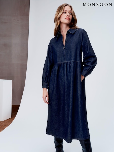 Monsoon Blue Alana Midi Zip 100% Cotton Dress (Q44624) | €108