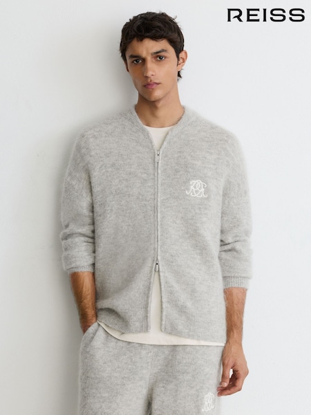 Ашық сұр - Regular Reiss Eddie Monogram Brushed Wool-blend Bomber Cardigan