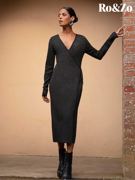 Ro&Zo Rib Knit Wrap Black Dress (Q44661) | €25